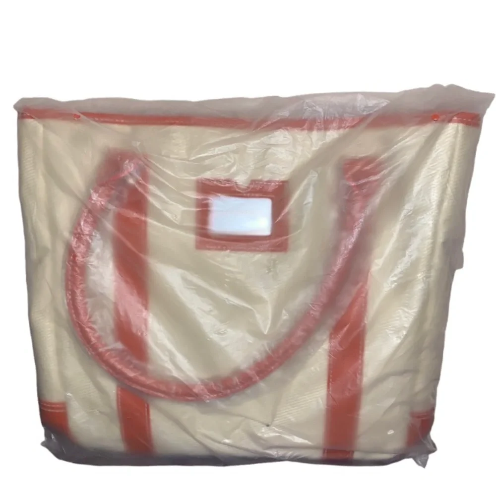 Estee Lauder Orange Leather Trim Cream Shoulder Bag Tote Purse with Pouch